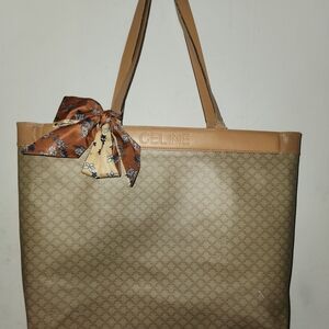 Celine Tan Tote Bag with Scarf Accent